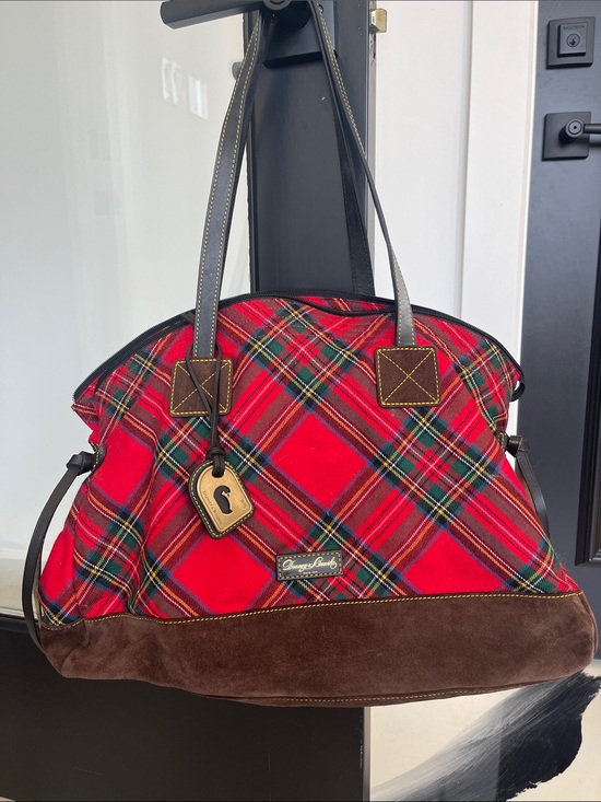 Dooney & Bourke Handbags - Dooney & Bourke Red Tartan Plaid Tote with Brown Suede Base